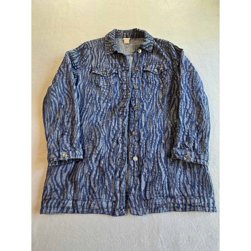 Chico's Denim Jacket Women Size 1 Blue Gray Textured Zebra Print Longline Coat